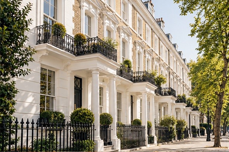 White stucco London townhouses