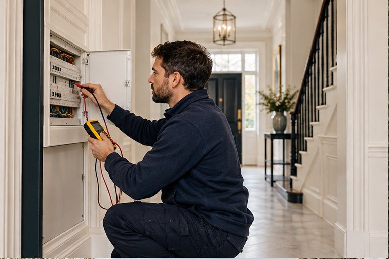 Assessor inspecting a property electrical installation