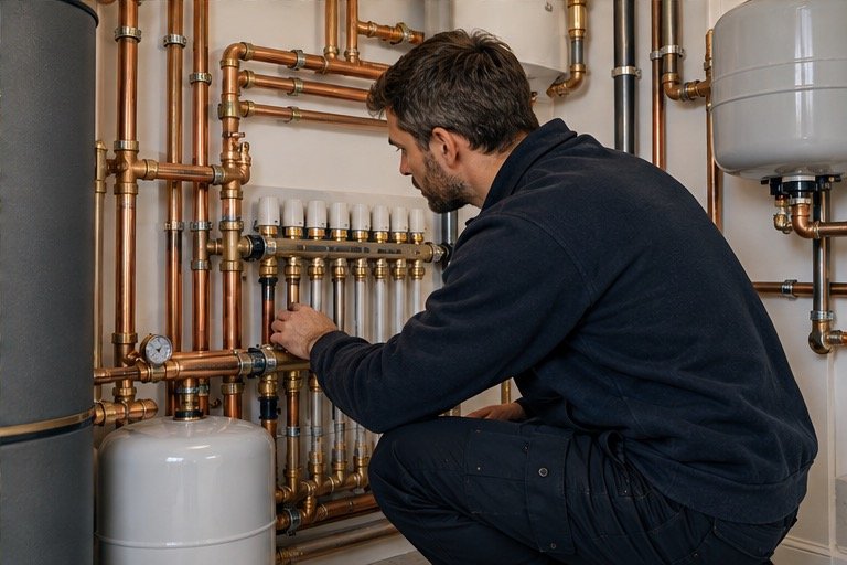 Heating engineer inspecting pipework